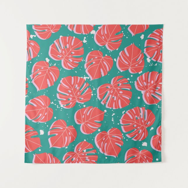 Tenture Feuilles de monstère rouge sur motif vert transpar (Devant)
