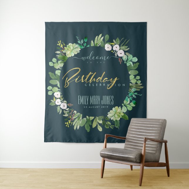 Tenture FEUILLES DE NAVY SUCCULENTES Aquarelle BIENVENUE A (En situation)