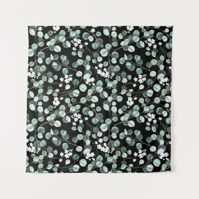 Tenture Feuilles d'Eucalyptus : Motif de fleurs blanches (Devant)