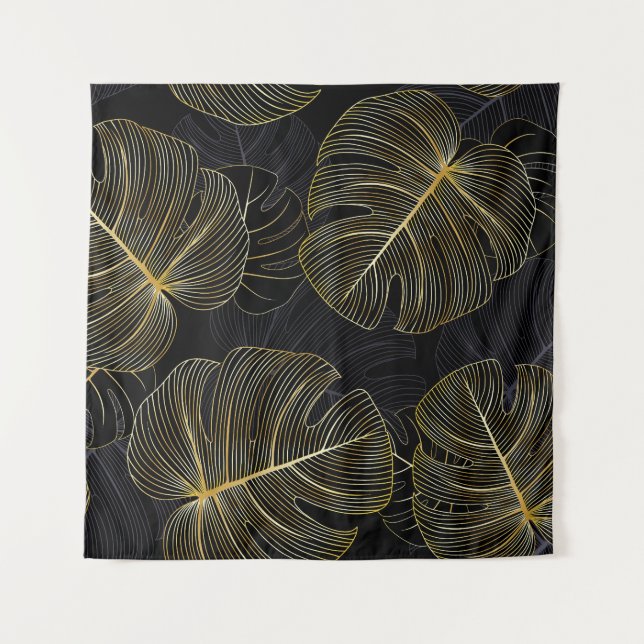 Tenture Feuilles dorées de monstera, florale romantique sa (Devant)