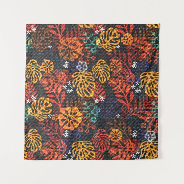 Tenture Feuilles exotiques sur denim, impression transpare (Devant)
