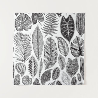 Tenture Feuilles exotiques, vintage floral noir et blanc.
