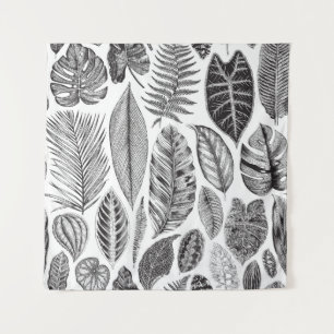 Tenture Feuilles exotiques, vintage floral noir et blanc.