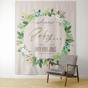 TENTURE FEUILLES ROSE PÂLE À L'AQUARELLE BABY SHOWER BIENV