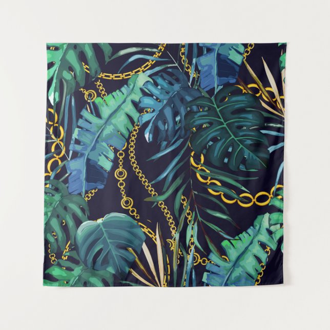 Tenture Feuilles tropicaux, chaînes d'or, sans soudure. (Devant)
