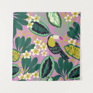 Tenture Feuilles tropicaux, fleurs et toucan oiseau transp