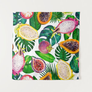 Tenture Feuilles tropicaux, fruits, gouache sans couture m