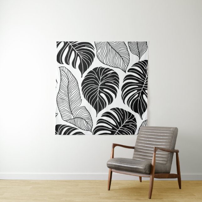 Tenture Feuilles tropicaux modernes noirs et blancs (En situation)