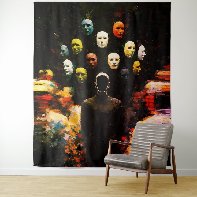 Tenture Figure sans visage entourée de visages masqués Imp (En situation)
