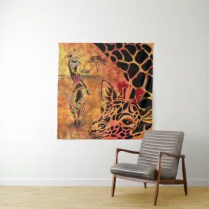 Tenture Fille africaine et girafe - Amis - Dessin artistiq