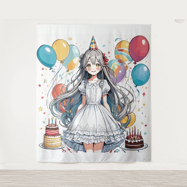 Tenture Fille anime Fête d'anniversaire  (Devant)