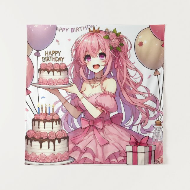 Tenture Fille anime Rose anniversaire (Devant)