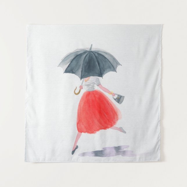 Tenture Fille avec parapluie sous la pluie. illustration d (Devant)