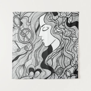 Tenture Fille et musique. Illustration vintage. Sortie noi