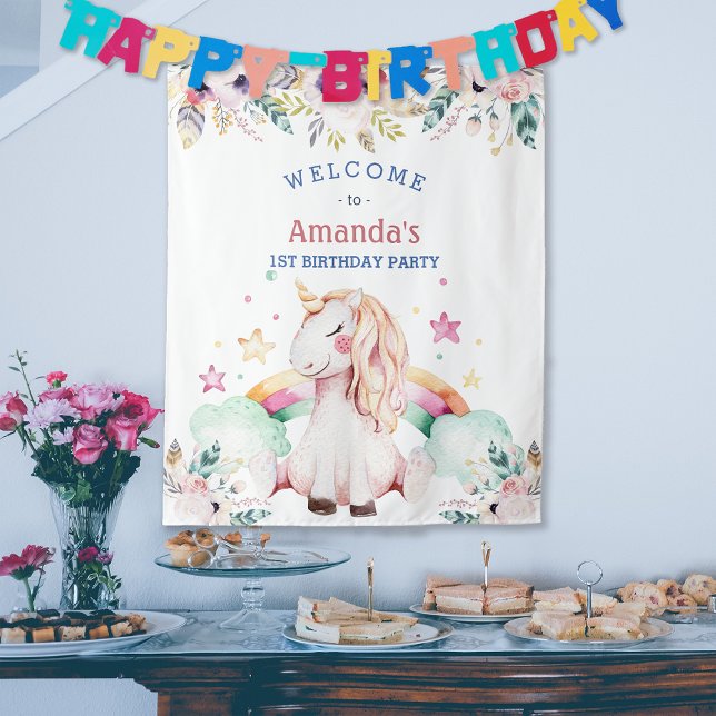 Tenture Fille Licorne Arc-en-ciel Fleur Anniversaire Bienv (Flower Rainbow Unicorn Girl Birthday Welcome Tapestry)