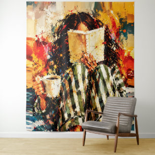 Tenture Fille lisant un livre, peinture cosy d'art