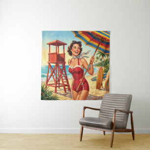Tenture Fille Sauveteur de Plage Vintage Épinglée
