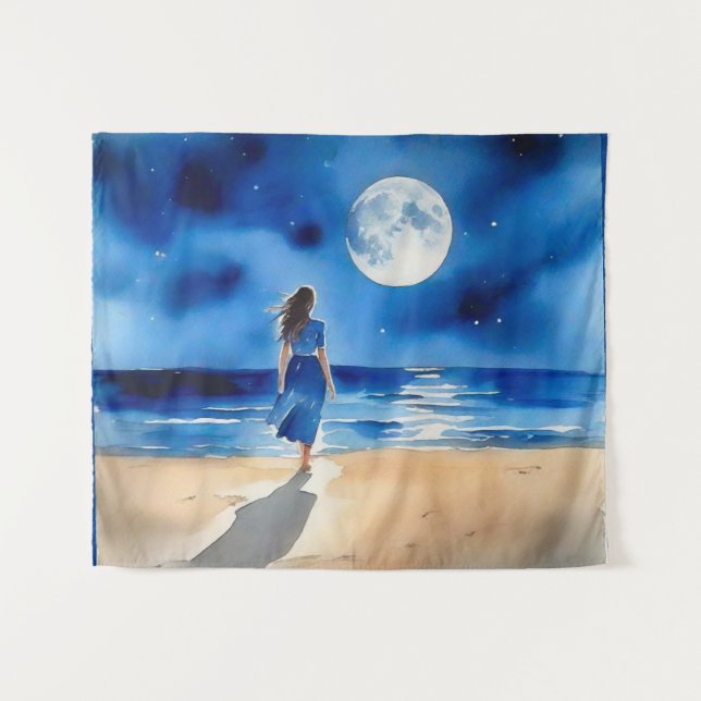 Tenture Fille sur la plage sous une Pleine lune (Devant (Horizontal))