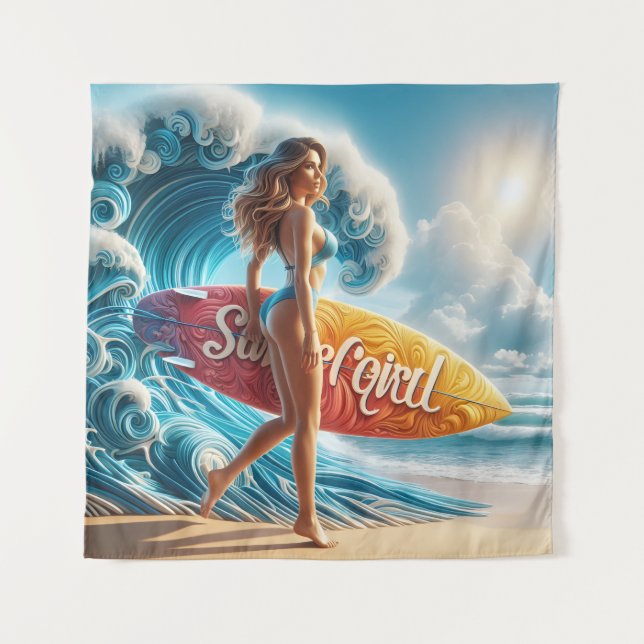 Tenture Fille surfeuse confiante marchant sur les vagues d (Devant)