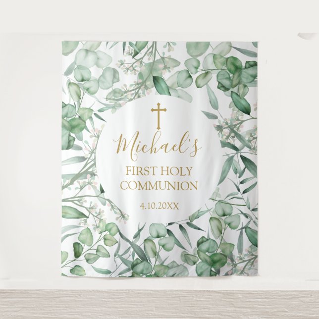 Tenture First Communion Eucalyptus greenery backdrop (Devant)