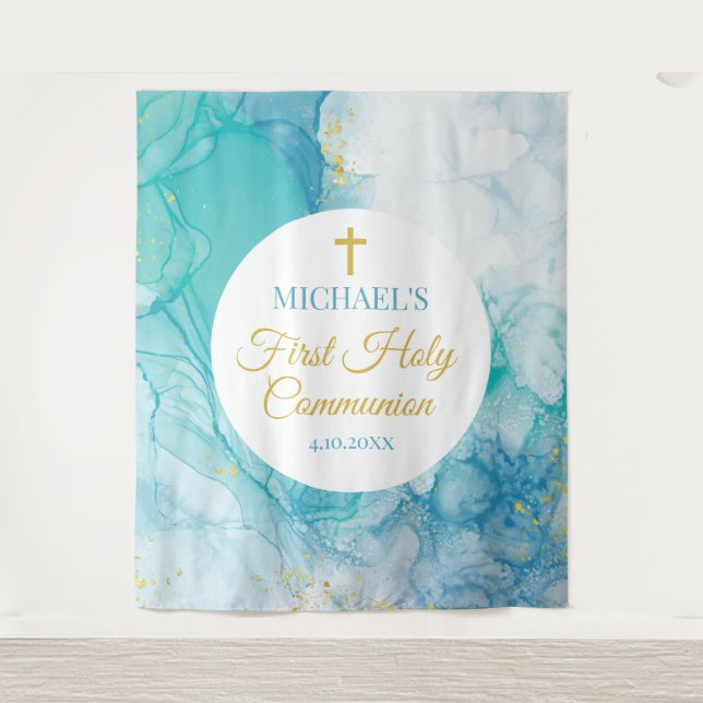 Tenture First Communion Marble blue mint modern backdrop (Devant)
