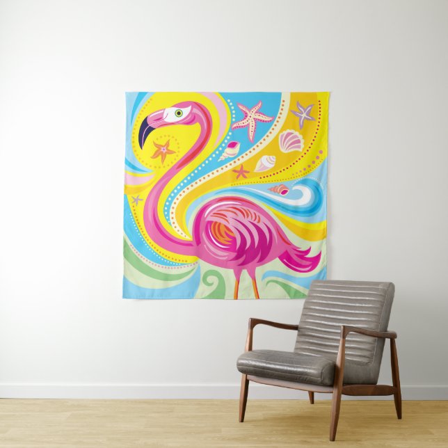 Tenture Flamant rose avec étoile de mer (En situation)