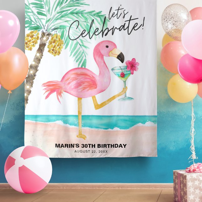 Tenture Flamant rose Beach Cocktail Tropical Birthday Tape (Créateur téléchargé)