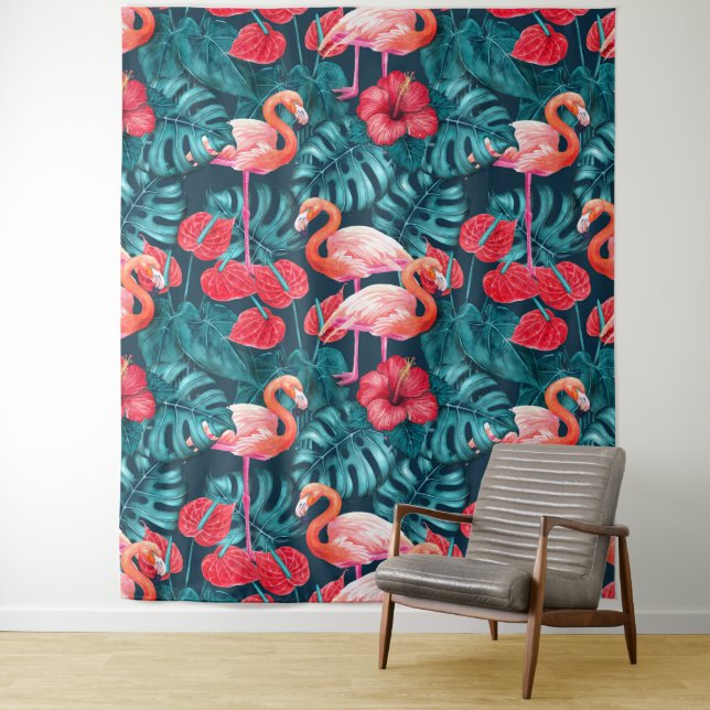 Tenture Flamant rose et aquarelle du jardin tropical (En situation)