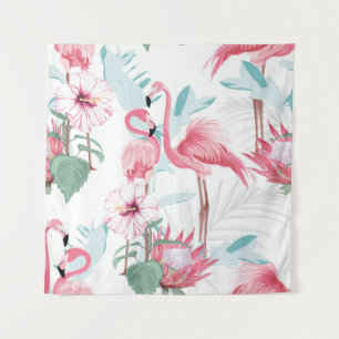 Tenture flamant rose et fleurs exotiques, feuilles de palm