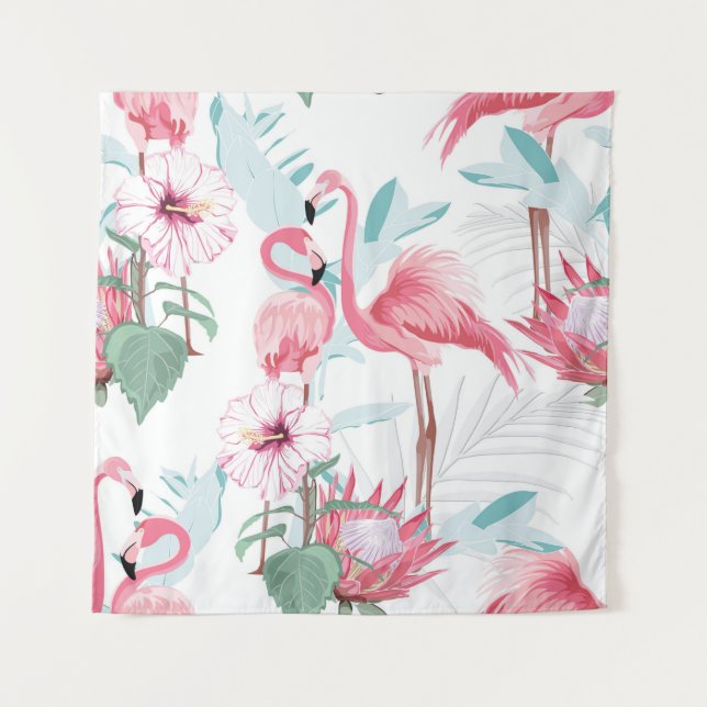 Tenture flamant rose et fleurs exotiques, feuilles de palm (Devant)