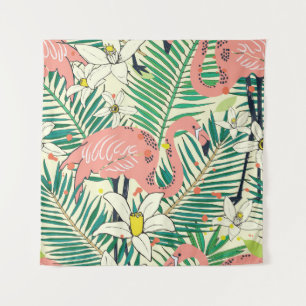 Tenture Flamant rose Palm Feuilles : Vintage tropical