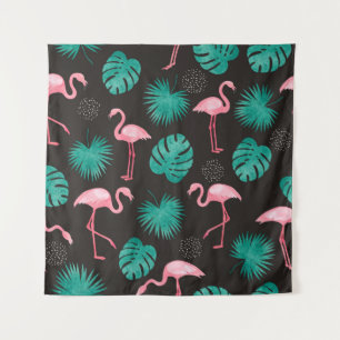 Tenture Flamant rose, palmiers feuilles : aquarelle tropic