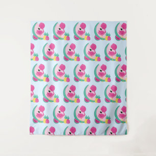 Tenture Flamant rose rose avec Motif de fruits tropicaux