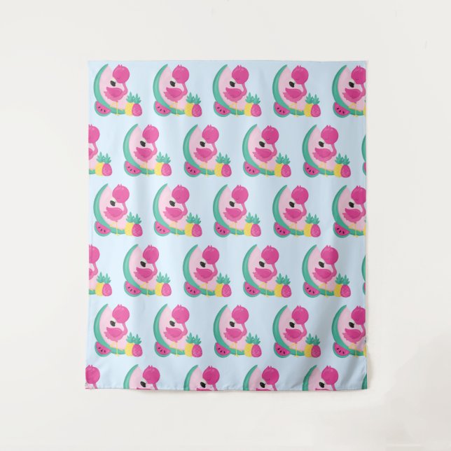 Tenture Flamant rose rose avec Motif de fruits tropicaux (Devant)
