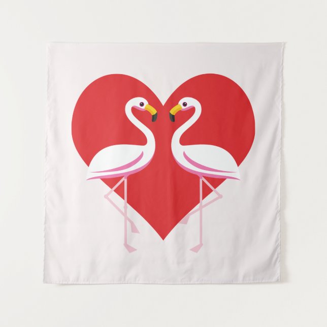 Tenture Flamants roses blancs mignons rose avec coeur roug (Devant)