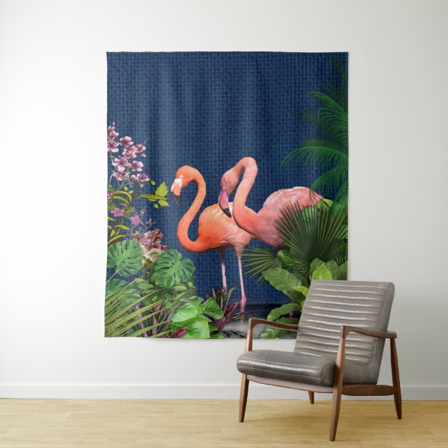 Tenture Flamants roses bleus classiques Feuilles verts (En situation)