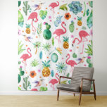 Tenture Flamants roses et fleurs Motifs tropicaux<br><div class="desc">Elégante aquarelle moderne illustration fleurs tropicales colorées flamants roses oiseaux cactus dans un motif sans soudure.</div>