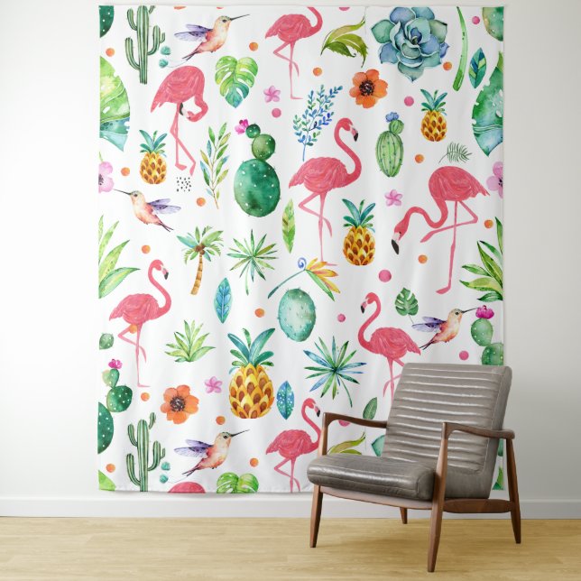 Tenture Flamants roses et fleurs Motifs tropicaux (En situation)