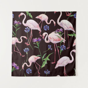 Tenture Flamants roses et motif de fleurs sauvages à l'aqu
