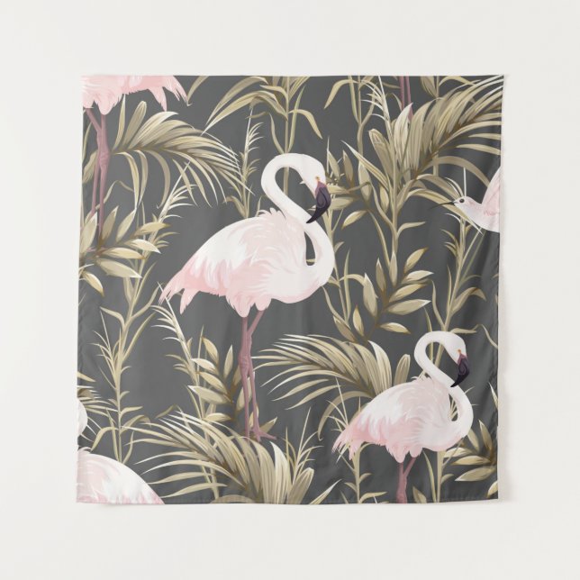 Tenture flamants roses et plantes dorés sans couture motif (Devant)