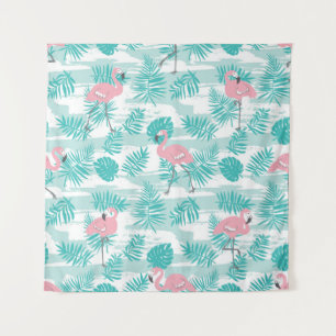Tenture flamants roses, feuilles de palmiers verts, tropic