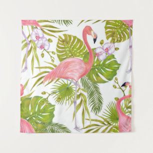 Tenture Flamants roses, orchidées : motif aquarelle.