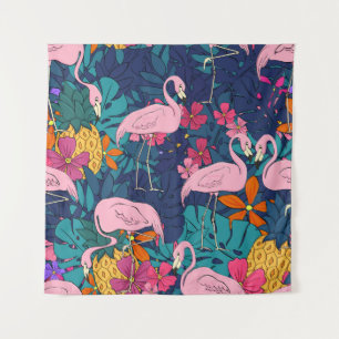 Tenture Flamants roses sur un arrière - plan de feuilles t