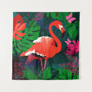 Tenture Flamingo rose. Feuilles tropicaux, papillon rose,