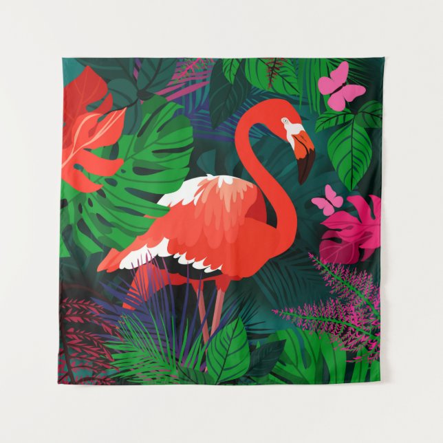 Tenture Flamingo rose. Feuilles tropicaux, papillon rose,  (Devant)