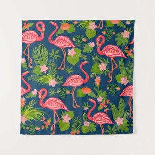 Tenture Flamingo rose sur un dos rayé turquoise