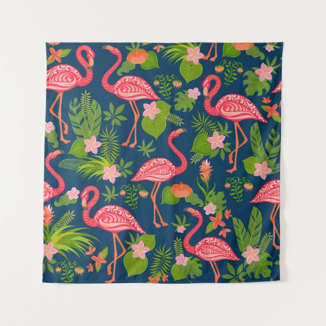 Tenture Flamingo rose sur un dos rayé turquoise (Devant)