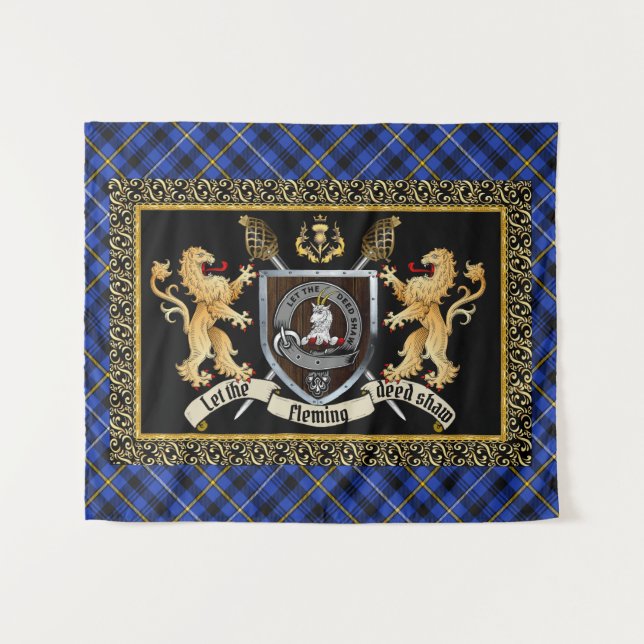Tenture Fleming Clan Badge & Motto avec Lions (Devant (Horizontal))
