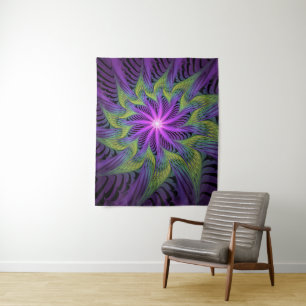 Tenture Fleur Abstraite Moderne de Fractale de Vert Pourpr