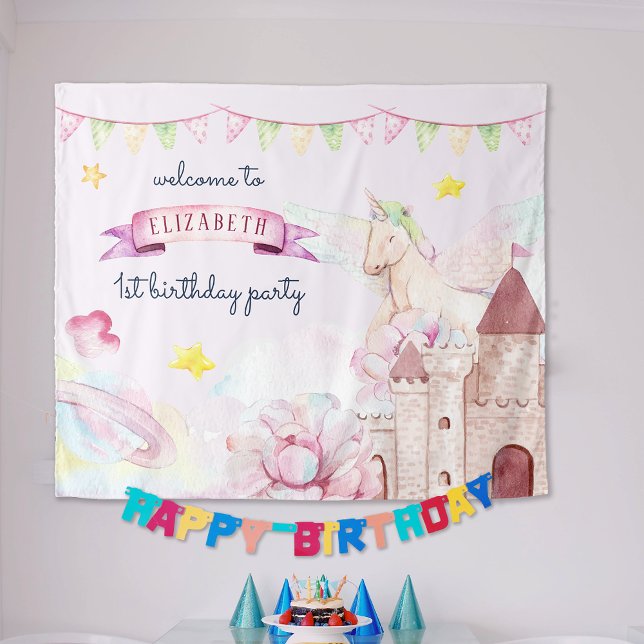 Tenture Fleur aquarelle Unicorn Fille Accueil d'anniversai (Watercolor Flower Unicorn Girl Birthday Welcome Tapestry)